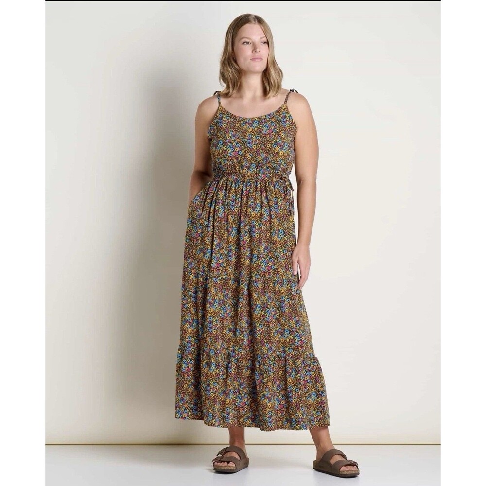 Toad&Co Sunkissed Tiered Maxi Dress Women's M Pocket Multi Ditsy Floral Tie Side